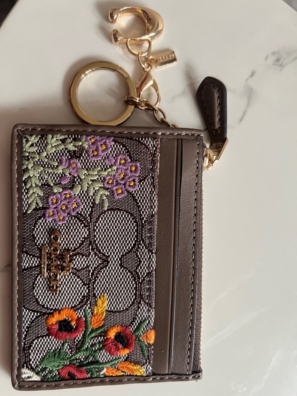 Coach Brown Signature Floral Embroidered Card Case Keyring
